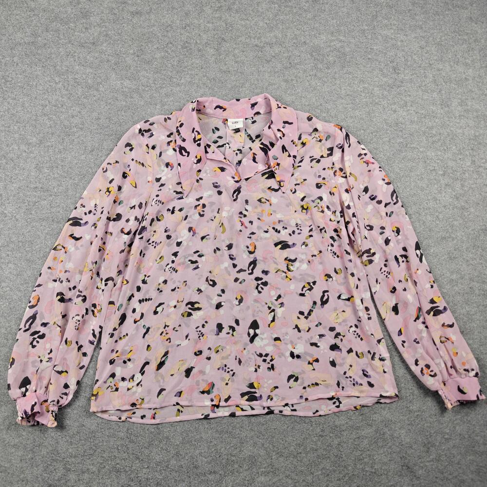 CAbi Blouse Womens Large Pink Sheer Chiffon Animal Print Ruffle Long Sleeve